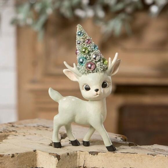 Bethany Lowe Aqua Reindeer With Bottle Brush Tree Christmas Deer NEW - Picture 1 of 2